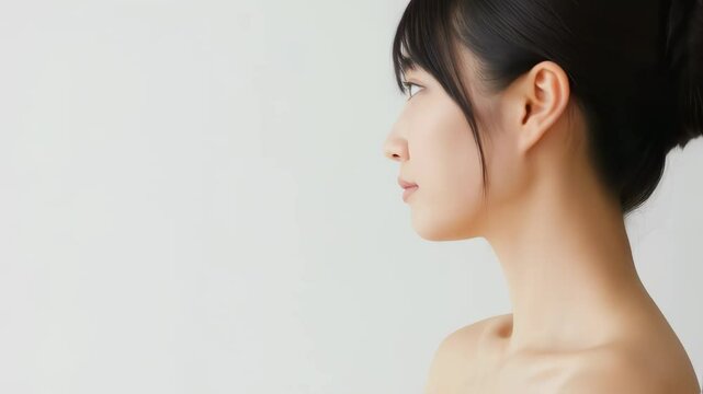 髪をお団子にした素肌の女性が横顔になり、Eラインをアピール