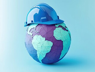 Earth wearing an engineer’s hard hat, symbolizing the worldwide influence of architecture and engineering across cultures, set against a bright and soft blue background. 