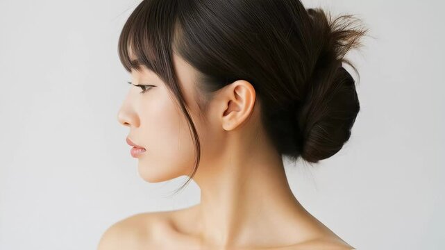 髪を後ろで団子にしている素肌の女性が横顔になり、Eラインをアピール