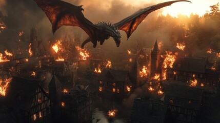 Obraz premium Dragon Flying Over Burning Village Spreading Flames with Dramatic Lighting