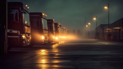 Fototapeta premium A fleet of modern semi-trucks with trailers lined up in a parking area at dusk or dawn