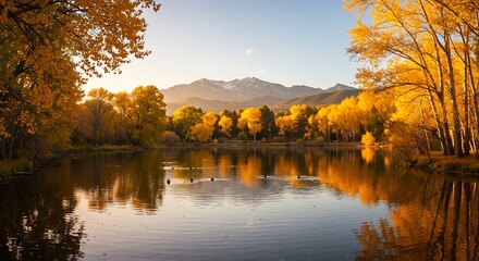 Golden Autumn Pond Reflection, Mountain View AI Generated