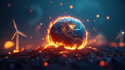 Obraz premium renewable energy, clean, climate, A glowing Earth surrounded by wind turbines, symbolizing energy and climate change.