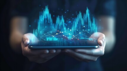 Analyzing market trends on mobile device glowing holographic stock chart data visualization futuristic technology