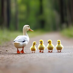 Obraz premium White duck and four fluffy yellow ducklings walk down a dirt path in a forest.