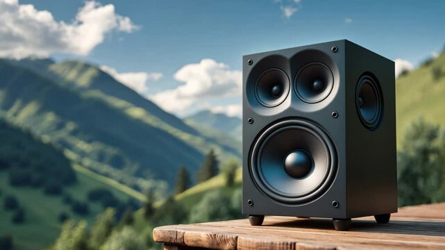 Acoustic sound speakers set against a mountainous natural backdrop. Multimedia, audio, and sound themes. Copy space available. Audio equipment. Close-up view.
