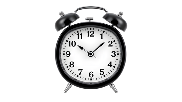 classic black alarm clock with white numbers isolated on white background