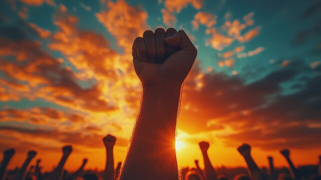 Empowering Fist Raised Against Sunset Sky at Social Movement Event
