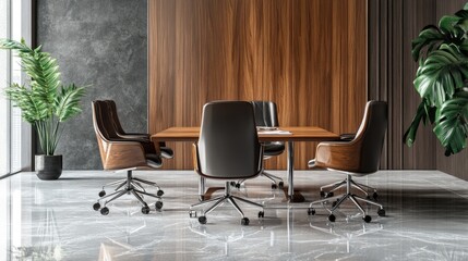 Fototapeta premium Luxury conference room with marble flooring, wooden accents, and high-end executive chairs around a polished table.