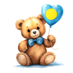 パラオの国旗のハート型風船を持ったかわいいクマのぬいぐるみ。白背景。(Cute teddy bear holding a heart-shaped balloon with the Palau flag on white background.)

