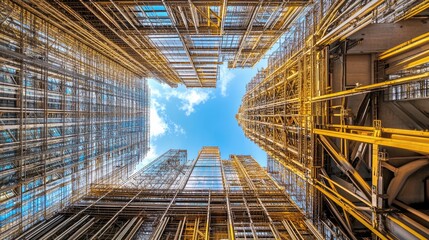 Massive steel framework of a skyscraper under construction with clear blue skies.