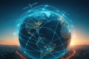 Obraz premium Global Communication Network: A stunning digital artwork depicts a network of satellites orbiting Earth, interlinked by a web of digital lines and data streams, over a cityscape at dawn.