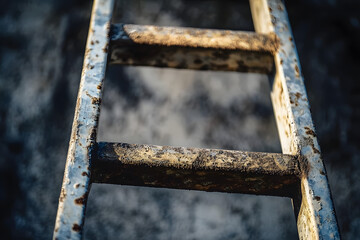 A close-up shot of an old metal ladder with rusty details and worn-out steps