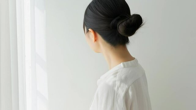 後ろで髪を団子にした女性が顔のラインをアピール
