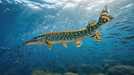 A fish swims in the water surrounded by many other fish, great for underwater scenes or aquatic-themed projects