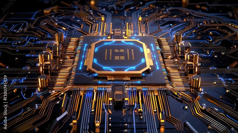 Poster a 3d-rendered circuit with pulsating blue lights over a dark futuristic background.