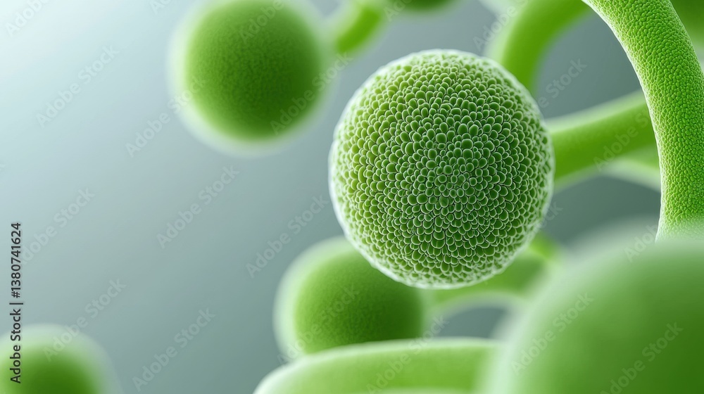 Poster a close-up view of green microorganisms, highlighting their intricate structures and textures agains