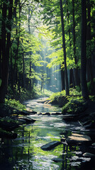Obraz premium Tranquil Cascade: Sunlit Stream and Forest Symphony in Harmony