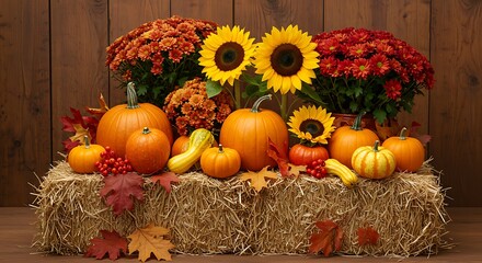 Autumn Harvest: Pumpkins, Sunflowers, and Mums AI Generated