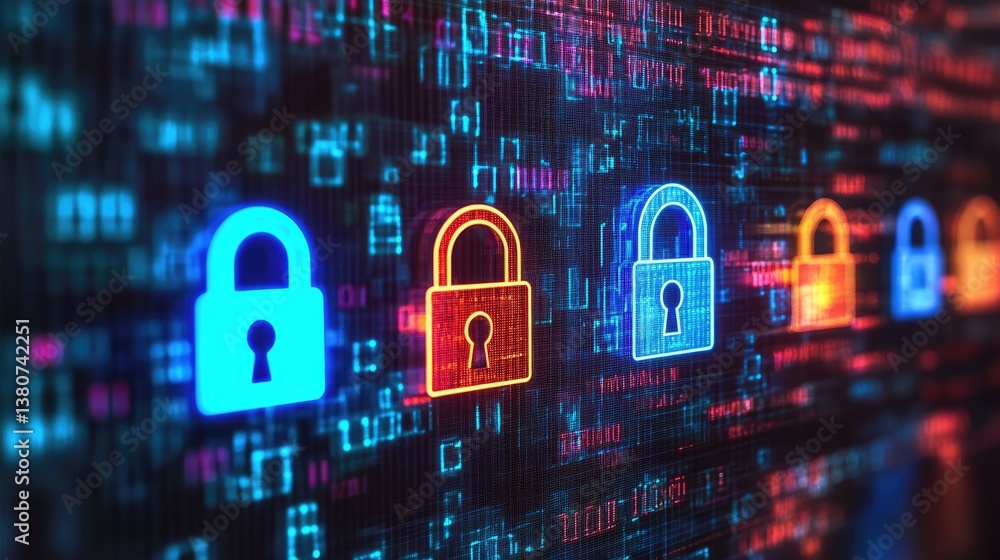 Poster neon-lit data stream flowing through an encrypted cybersecurity network.