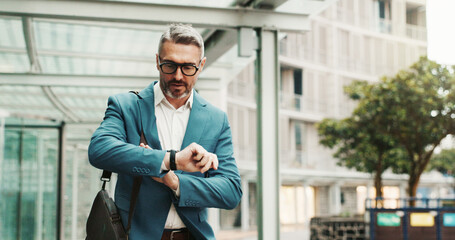 Businessman, worry or check watch in city for time management, agenda or late for meeting. Mature person, stress or wristwatch in town for commute schedule, interview appointment or missed deadline