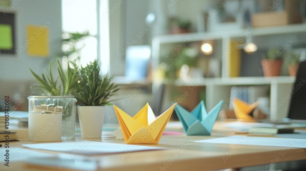 Poster office setting with paper airplanes on a desk, symbolizing creativity and teamwork in a startup envi