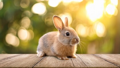 Obraz premium the rabbit sit on the wood with light bokeh form nature background easter day