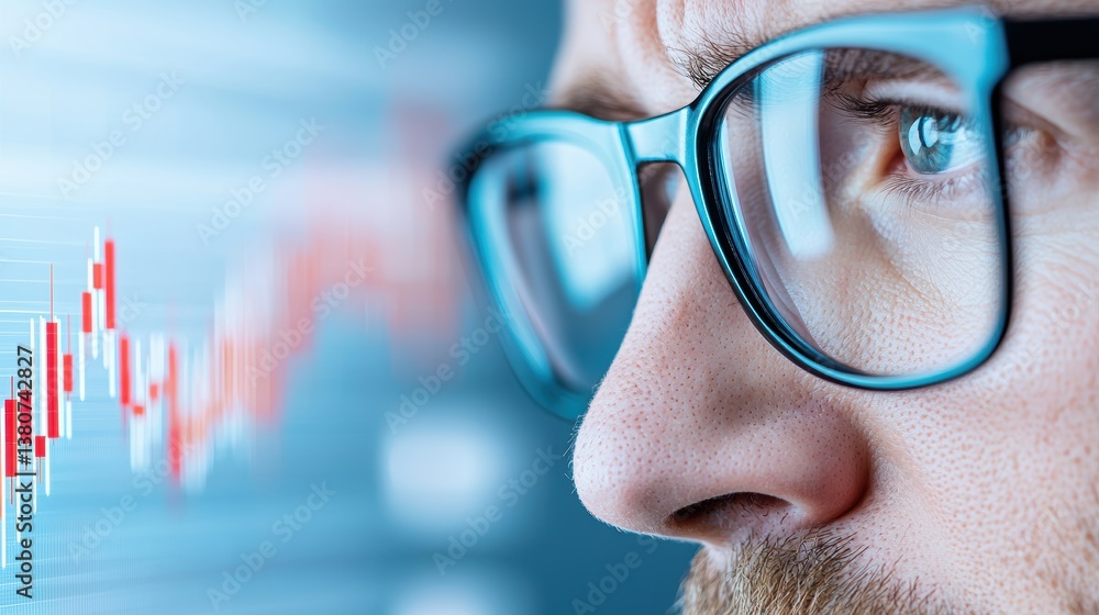 Poster a close-up of a person with glasses, intently observing a digital graph with rising trends, emphasiz