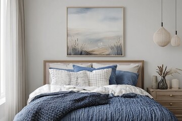 Modern Blue and Neutral Bedroom with Abstract Wall Art