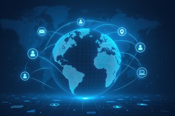 Global Connectivity: A glowing digital world with connected icons, representing communication and worldwide data transfer.