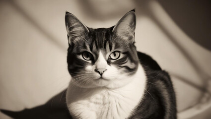 Vintage Black and White Cat Portrait &ndash; Classic Elegance