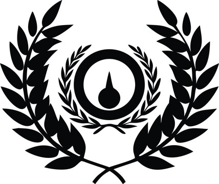 Black and white illustration, laurel wreath, victory symbol, circular design, symmetrical leaves, classical emblem, award icon, achievement graphic, olive branches, minimal line art, vector style, anc