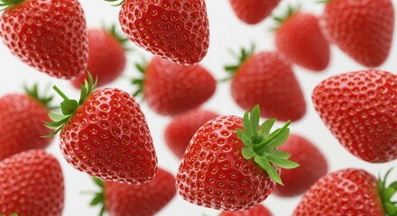 Ultra-realistic macro shot of floating fresh red strawberries with vibrant green leaves