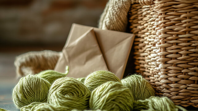 A detailed close-up of hand-dyed silk yarn in lime green tones, intertwined balls arranged beside craft paper parcel and textured straw basket, ambient backlight