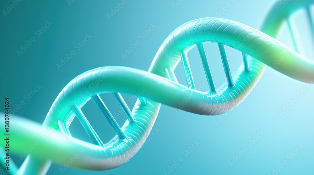 Poster a 3d illustration of a dna double helix, showcasing its twisted structure against a soft blue backgr