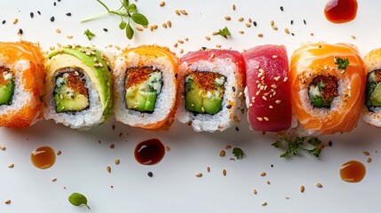 Colorful Assorted Sushi Rolls with Avocado, Tuna, and Salmon on White Plate