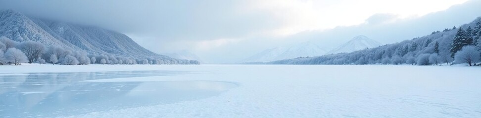 Obraz premium An empty, frozen pond on a vast white surface, serene, lake