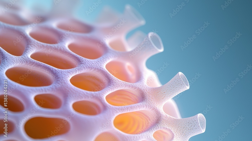 Poster a close-up view of a microscopic structure featuring intricate patterns and textures, showcasing cel