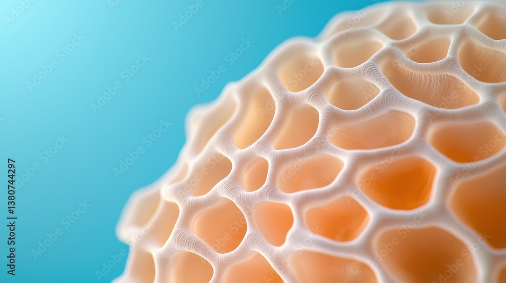 Poster a close-up view of a textured, organic surface featuring honeycomb-like patterns, set against a soft