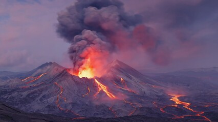 A volcanic eruption sending molten lava high into the air, surrounded by dark clouds