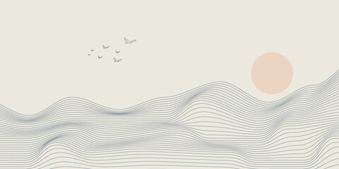 Vector abstract art landscape mountain with birds and sunrise sunset by blue line art texture isolated on white beige earth tone background. Minimal luxury style for wallpaper, wall art decoration.