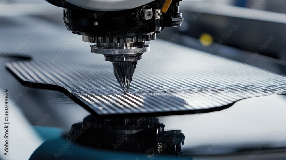 Poster precision cutting machine slicing through a sheet of composite material.