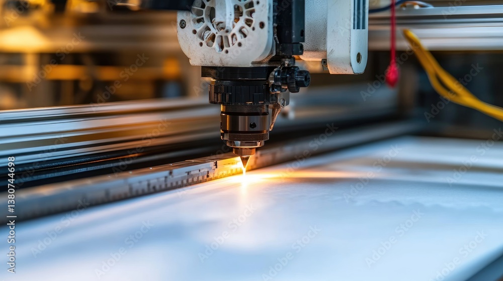 Poster precision cutting machine slicing through a sheet of composite material.