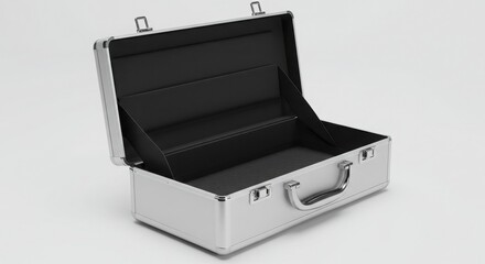 High-end aluminum briefcase with polished silver exterior and sleek black fabric lining