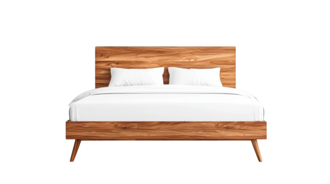 Inviting wooden bed with crisp white sheets, a haven for restful sleep and cozy relaxation