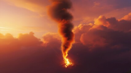 A large cloud of smoke rises into the air, possibly indicating a fire or industrial activity