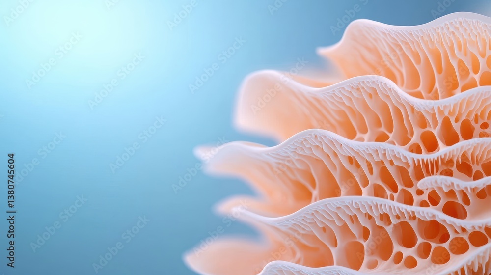 Poster a close-up of a delicate, textured coral structure against a soft blue background, highlighting its 