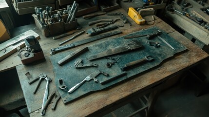 Fototapeta premium Workshop tools, rustic table, messy background, crafting