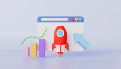 Flying rocket at backdrop of business graphs, graphic with spaceship for startup and business boosting