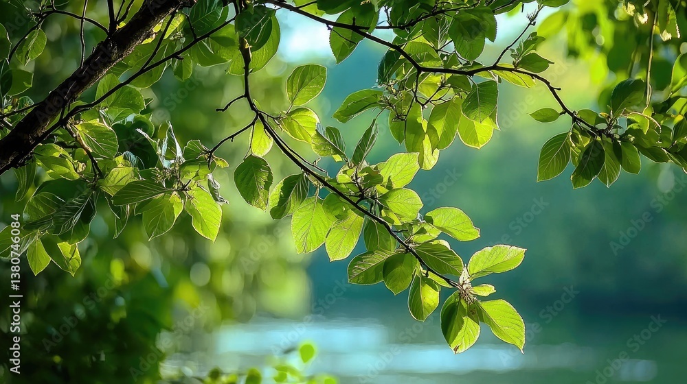 Poster a calming green bokeh texture with soft, out-of-focus tree branches in the background.